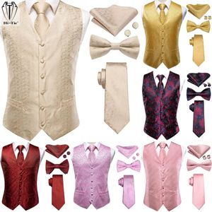 Mens Vests HiTie Brand Silk Mens Vests Red Blue Green Gold Waistcoat Tie Bowtie Hanky Cufflinks Set Waist Jacket For Men Wedding Office 231129
