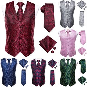 Heren Vesten Hitie Bourgundy Paisley Floral Silk Slim Waistcoat stroping Set For Suit Dress Wedding 4pcs Vest Hanky ​​Cufflink 230209