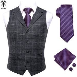 Heren Vesten Hitie Classic Silk Gray Plaids Waistcoat Men Vest Gold Blue Tie Hanky ​​manchetknopen ingesteld voor kledingpak Business Father 230209