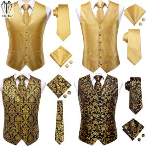 Chalecos para hombre HiTie lujo seda oro amarillo naranja chaleco chaqueta corbata pañuelo gemelos para hombres vestido traje boda negocios 230209