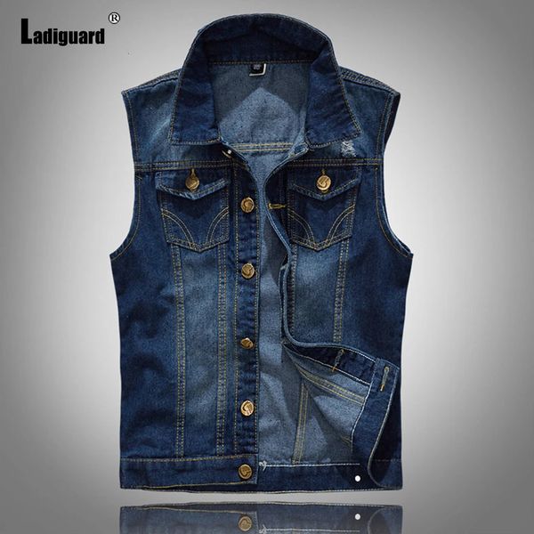 Gilets pour hommes Ladiguard grande taille 5xl 6xl hommes vestes en Denim sans manches multipoches Jean gilet hauts Sexy trou déchiré Jeans veste 231110