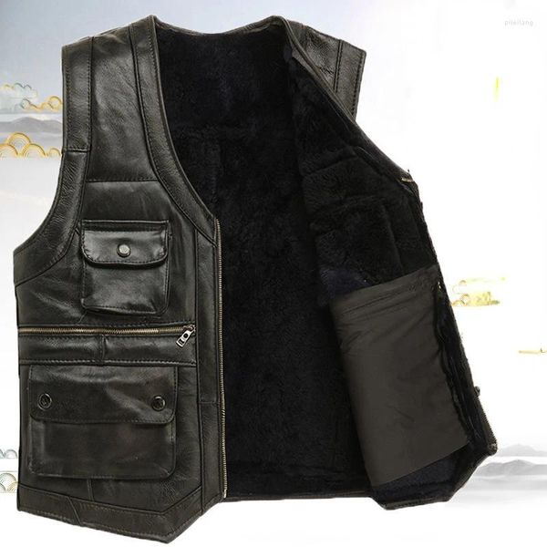 Gilets pour hommes Hommes de luxe en peau de mouton en cuir Gilet moto Gilet manteau chaud polaire sans manches veste mode col en V Gilet E220