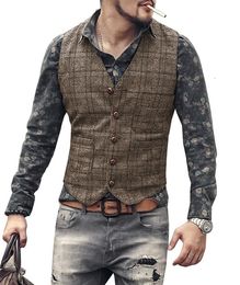 Chalecos para hombre Chalecos de traje para hombre, chaleco negro marrón para hombre, chaqueta steampunk a cuadros, chaqueta de tweed a rayas con cuello en V, chaleco ajustado, ropa de boda 230203