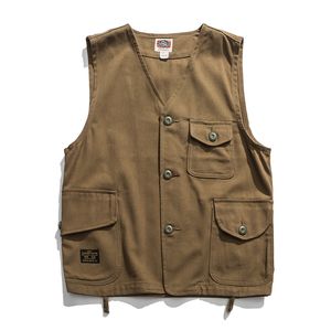 Qingxin13 Gilets pour Hommes Hommes d'été sans Manches Vintage Multi-Poches Gilet américain décontracté Coton Style Safari Manteau Gilet mâle