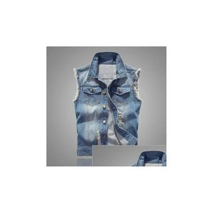 Mens Vesten Slim fit cowboy mannelijk jasje vest gescheurd denim men039s mouwloze casual vest Jean jas 5xl2310910 drop levering Appare dhqvo