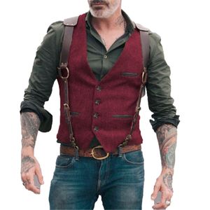 Heren Vesten Vesten mannen Wijn Red Waastcoat Vest Man Steampunk Jacket Gestreepte Tweed Vneck Slim Fit Gilet Wedding Clothing Vest Manne 230313