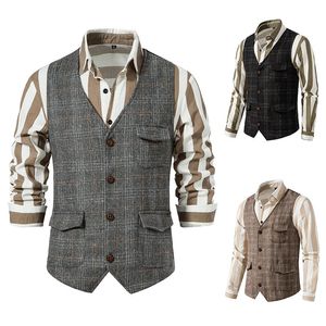 Gilets pour hommes Vintage costume gilet Tweed mai kaki anglais grande taille robes formelles élégantes pour hommes costumes de mariage Steampunk 231018