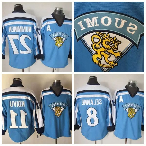 Mens Vintage 11 SAKU KOIVU 1998 Equipo Finlandia Hockey Jerseys SUOMI 27 TEPPO NUMMINEN 8 TEEMU SELANNE Jersey azul claro M-X 81