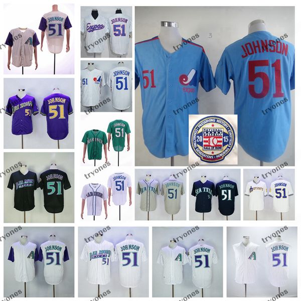 Hommes Vintage 2015 Temple de la renommée Expos de Montréal 51 Randy Johnson Maillots de baseball Pas cher Pinstripe Blanc Bleu Randy Johnson Chemises cousues M-X