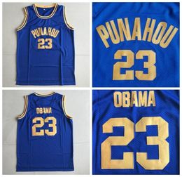 Heren Vintage 23 Barack Obama Punahou High School basketbalshirts blauw wit gestikte shirts SXXL7811551
