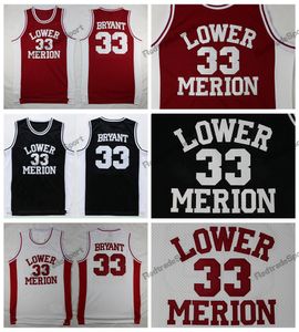 Mens Vintage 33 Bryant Lower Merion High School Basketball Maillots Rouge Noir Blanc Chemises Cousues S-XXL