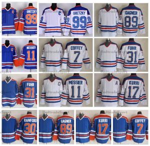 Maillots de hockey vintage pour hommes 99 Wayne Gretzky 11 Mark Messier 17 Jari Kurri 31 Grant Fuhr 30 Bill Ranford 89 Sam Gagner 7 Paul Coffey 29