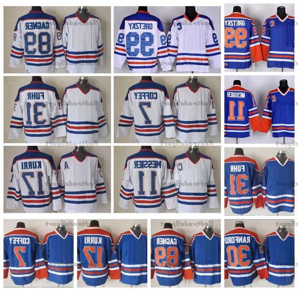 Vintage para hombre 99 Wayne Gretzky 11 Mark Messier camisetas de hockey 17 Jari Kurri 31 Grant Fuhr 30 Bill Ranford 89 Sam Gagner 7 Paul Coffey 43
