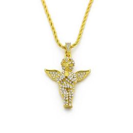 Heren Vintage Angel Wing Pendant Rope Chain 18K Gold Poled Iced Out Necklace 24 Inch Long319a