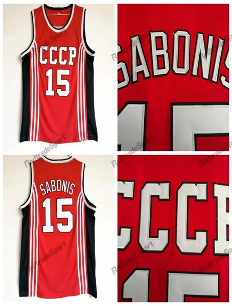 Hommes Vintage Arvydas Sabonis 15 CCCP ÉQUIPE RUSSIE Maillots de basket-ball Chemises cousues rouges SXXL5430101