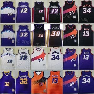 Mens Vintage Basketball Throwback John Stockton Jersey 12 Karl Malone 32 Carlos Arroyo 30 Steve Nash 13 Charles Barkley 34 Shirt Retro Zwart Paars Wit Oranje