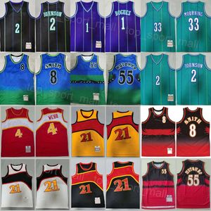 Maillots de basket-ball vintage pour hommes Tyrone Muggsy Bogues 1 Larry Johnson 2 Alonzo Mourning 33 Spud Webb 4 Dikembe Mutombo 55 Steve Smith 8 Chemise de retour Sport rétro