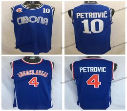 Hommes Vintage Croatie 10 Cibona Drazen Petrovic Maillots de basket-ball 4 Jugoslavija Yougoslavie Chemises cousues Bleu SXXL6509147
