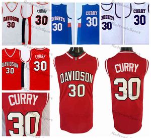 Mens Vintage Davidson Wildcat Stephen Curry 30 Basketball Maillots Rouge Blanc Charlotte Christian Knights Lycée Cousu Chemises Bleu S-X