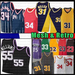 Hommes Vintage Hakeem Olajuwon Reggie Miller Jason Williams Mesh Basketball Jersey Maillots Rétro 34 31 55