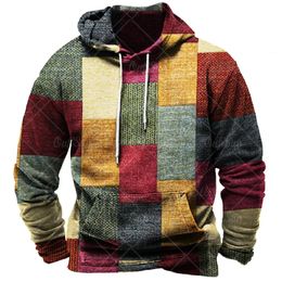 Heren vintage hoodie sweatshirt 3d geruite print lange mouw trui Y2k straatkleding oversized sociale luxe trui met capuchon 240301