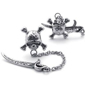 Mens Vintage RVS Stud Oorbellen CZ Zirconia Pirate Skull Drop Chain Sword Charm