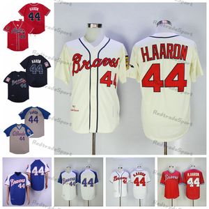 Vintage 1963-1974 Baseball Jerseys Hank Aaron 44 H.Aaron Chemises Bleues Cousues Blanc Gris Rouge Mens Jersey