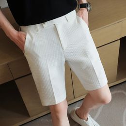 Herenwafels Fabric Casual Shorts Summer Suits Shorts Men Solid Color Business Dress Sociaal Casual Slim Fit Wedding Streetwear 240416