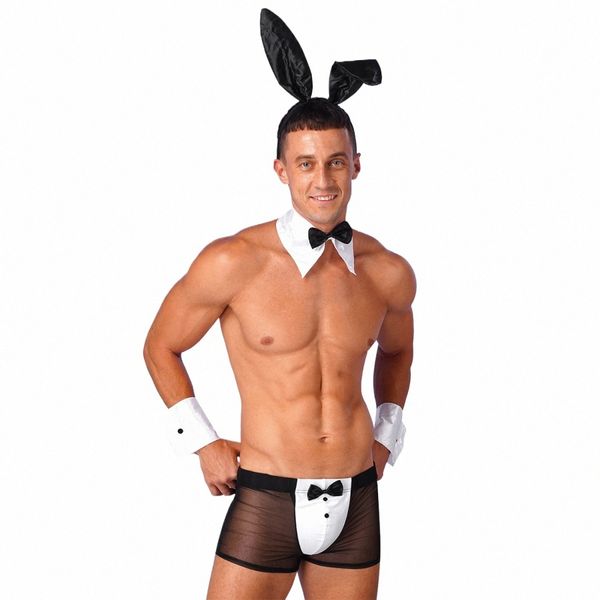 Mens serveur smoking lingerie sexy cosplay costume jeu de rôle uniforme voir à travers des slips sous-vêtements avec des oreilles de lapin bandeau collier W0bK #