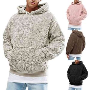 Hommes chaud fausse fourrure polaire à capuche sweat à capuche pull décontracté hommes vêtements couleur unie Streetwear avec poches kangourou 210813