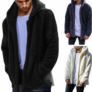 Mens cálido invierno oso de peluche bolsillo con capucha abrigo mullido chaquetas de piel de lana prendas de vestir exteriores sudaderas con capucha f84V #