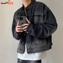 Hommes lavés Denim vestes Vintage décontracté court Jean manteau rétro dégradé Cardigan printemps automne recadrée vêtements d'extérieur Streetwear 240202