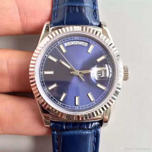 Montre pour hommes, étanche 36MM, miroir saphir, mouvement automatique, bracelet en cuir bleu, boucle pliante originale, 3117