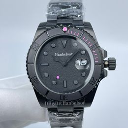 Mens Bekijk alle zwarte riem 2813 Automatische beweging Saffierglas individuele polshorloges roze schaal bezel vulkanische stalen kast horloges