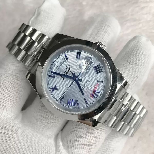 Montres mécaniques automatiques pour hommes, bracelet en argent, chiffres romains, date du jour, acier inoxydable, saphir, aiguilles Super lumineuses