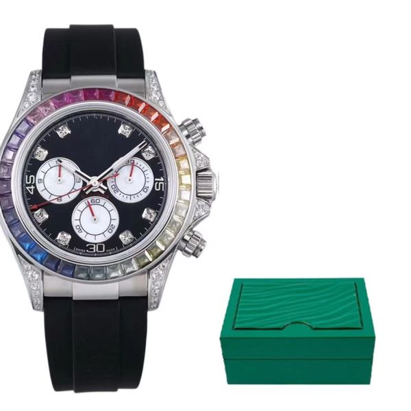 Reloj para hombre Diseñador Moissanite Relojes Reloj de pulsera Círculo de negocios Tamaño 41 mm Caucho Correa de acero inoxidable Moda Diamante Rainbow Dayton