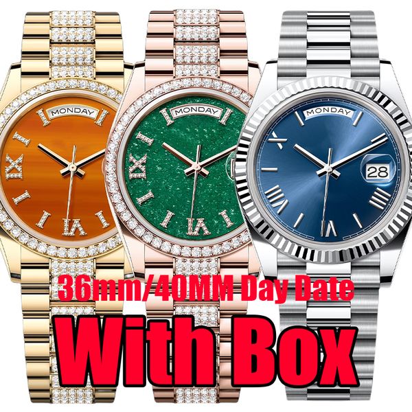 Reloj para hombre Relojes de diseño Fecha de día superior de alta calidad Diamantes de lujo Movimiento mecánico automático Relojes Hombres Reloj de pulsera impermeable de acero inoxidable con caja