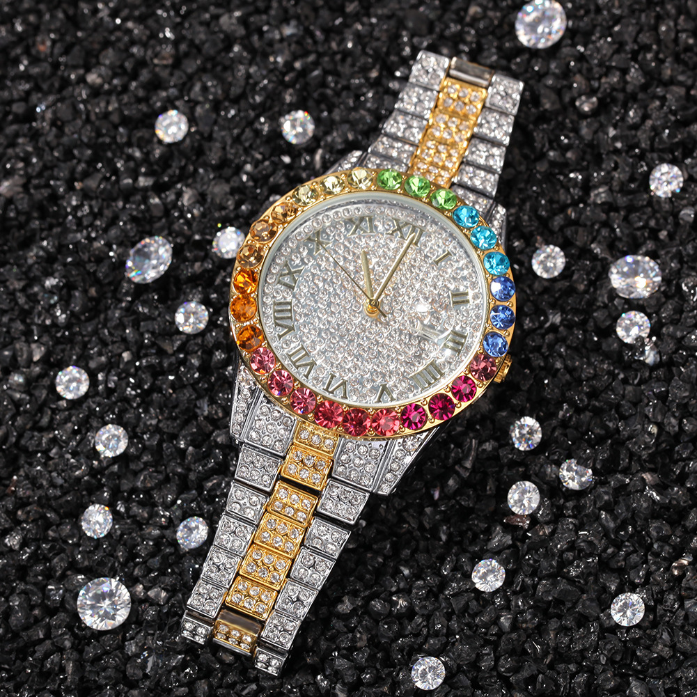 Herren Watch Gold Quartz Uhr Chronograph farbenfrohe Diamant Steel Eced Watch Gift für Männer