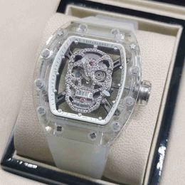 Montre pour hommes, personnalité, mode Cool, transparente, Rm52, sport, étanche, ajouré, grand cadran, crâne carré, mécanique