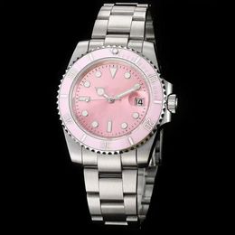 Reloj para hombre, esfera rosa, bisel de cerámica, acero inoxidable, movimiento mecánico automático, resistente al agua, relojes de pulsera masculinos 303d