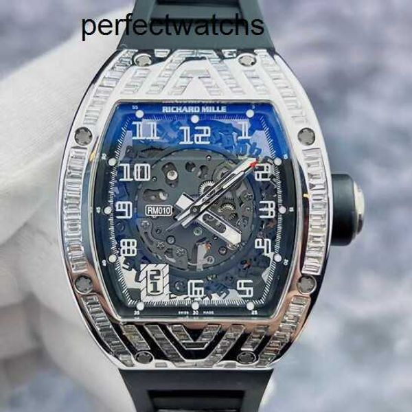Reloj para hombre RM Reloj de pulsera Richardmiille Reloj de pulsera RM010 Reloj mecánico automático Rm010 Anillo exterior con forma de barril de diamante cuadrado en T Esfera ahuecada Dat