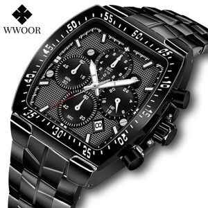 Montre pour hommes WWOOR Mode Acier inoxydable Noir Quartz Militaire Montre-bracelet Homme Sport Carré Étanche Chronographe Horloge 210527
