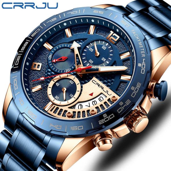 Relojes para hombre CRRJU Moda Acero inoxidable Negocios Lujo Luminoso Cronógrafo impermeable Cuarzo Relogio Masculino 210728