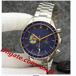 Mens kijkt naar ogen op de sterren Watch Chronograph Sports Battery Power Limited Two Tone Gold Blue Dial Quartz Professional Dive Wri238p