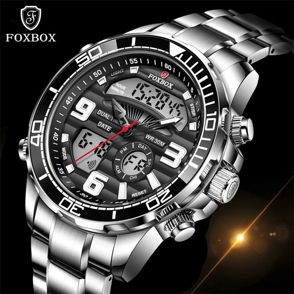 Relojes para hombre FOXBOX, reloj de pulsera deportivo de acero inoxidable con pantalla Dual para hombre, reloj de fecha resistente al agua, reloj MasculinoBox 220530