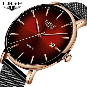 Hommes Montres LIGE Mode Top Marque De Luxe Maille En Acier Rouge D'affaires Montre À Quartz Hommes Casual Étanche Simple Horloge Reloj Hombre 210527