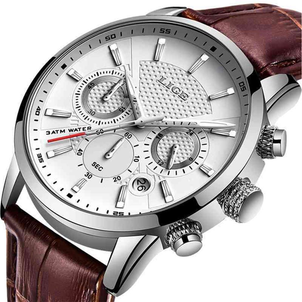 Mens Watches Lige Top Brand Leather Chronograph Waterproof Sport Automatisk datum Quartz Watch for Men Relogio Masculino 210407220e