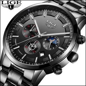 Montres pour hommes Moon Phase LIGE Chronographe Top Marque De Luxe Mode Hommes En Acier Militaire Étanche Sport Quartz Montre relogio 210527