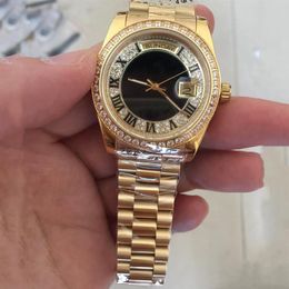 Mens kijkt naar nieuwe gouden 18K gouden mannen automatisch horloge vol diamant gezicht saffier stevige riem 36mm298e