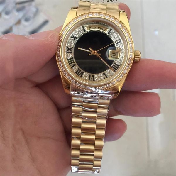 Mens montres nouveaux Golden 18K Men Men Automatic Watch Full Diamond Face Saphire Solide Solide 36 mm317i